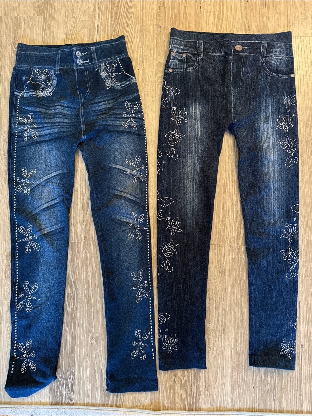 Set of 2 Women’s Dark Blue Rhinestone Embellished Denim Leggings